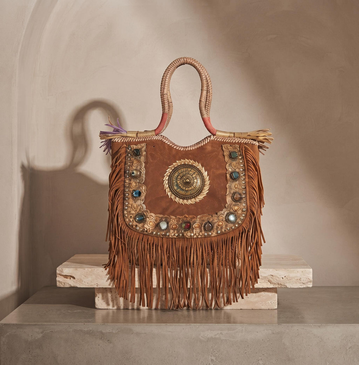 Large Boho Fringe Leather Purse: Artisan Handmade Gemstone Tote