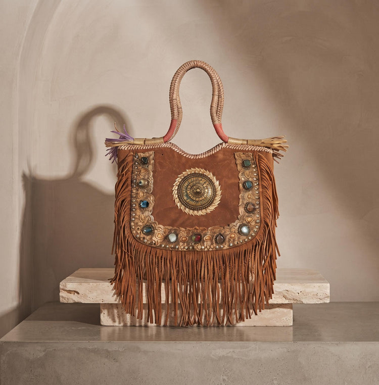 Large Boho Fringe Leather Purse: Artisan Handmade Gemstone Tote