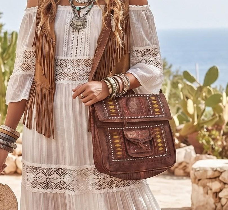 Large Tooled Leather Tote Bag – Handmade Moroccan Boho Shoulder Bag