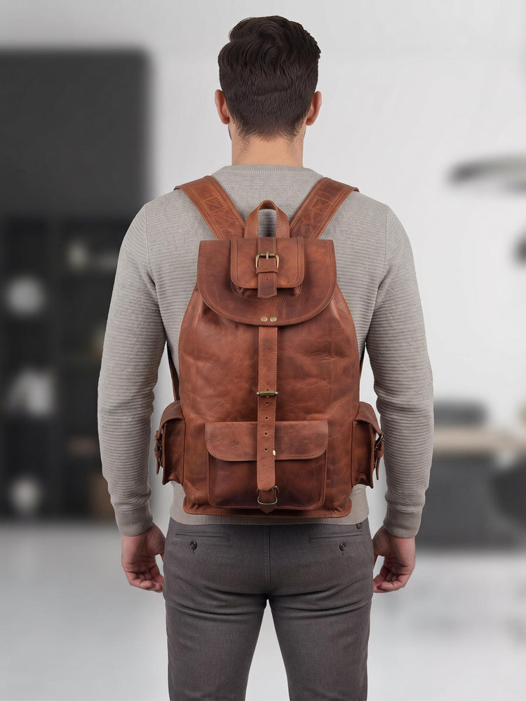 Large Vintage Leather Backpack: 15-inch Laptop Rucksack, Handcrafted