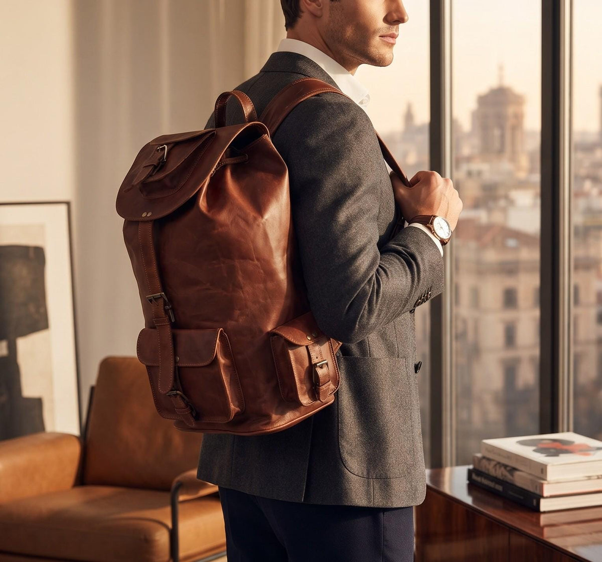 Large Vintage Leather Backpack: 15-inch Laptop Rucksack, Handcrafted