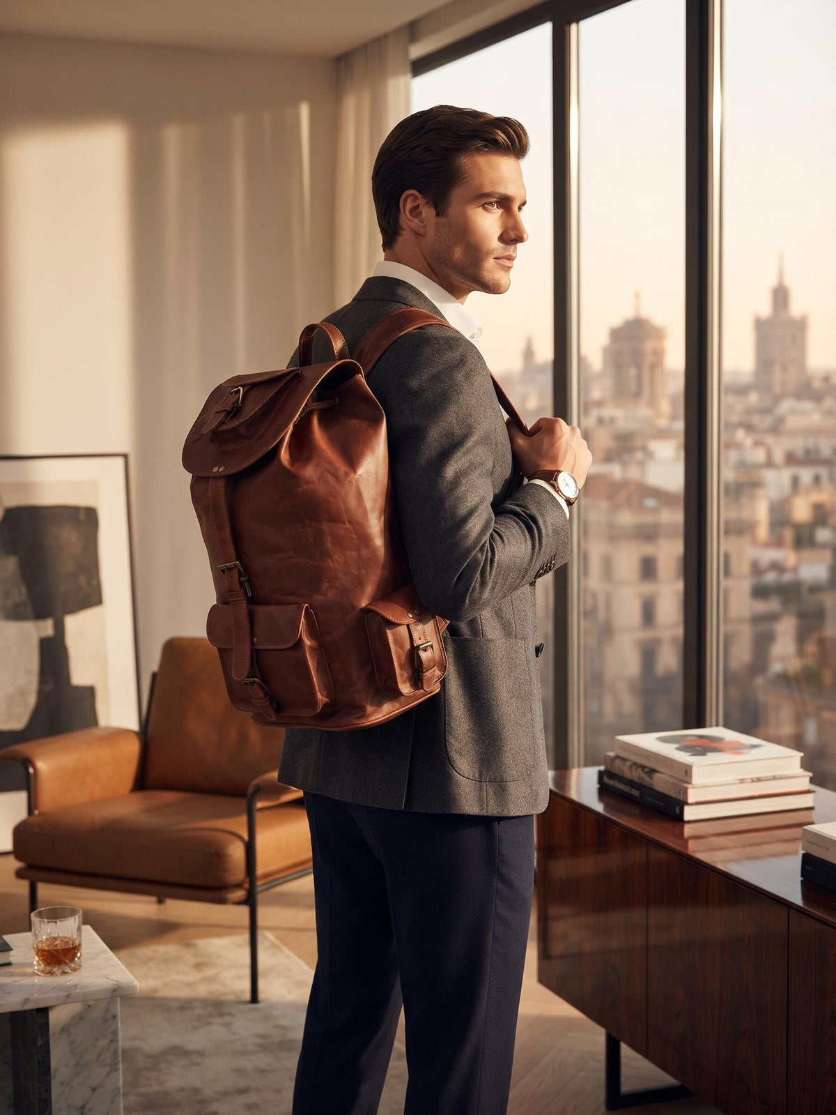 Large Vintage Leather Backpack: 15-inch Laptop Rucksack, Handcrafted