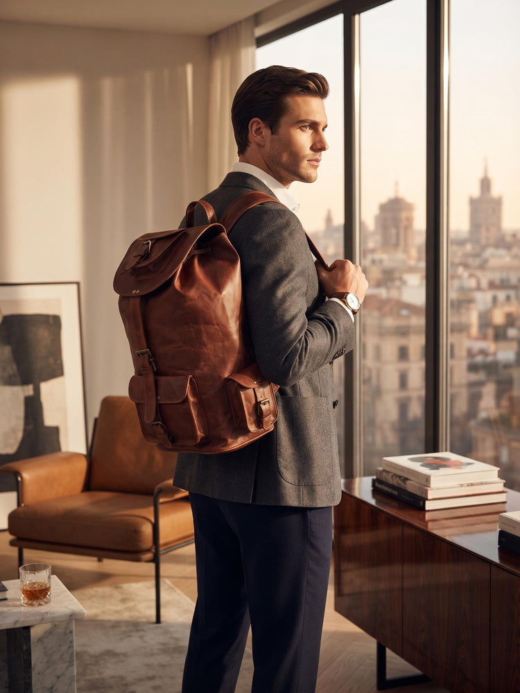 Large Vintage Leather Backpack: 15-inch Laptop Rucksack, Handcrafted