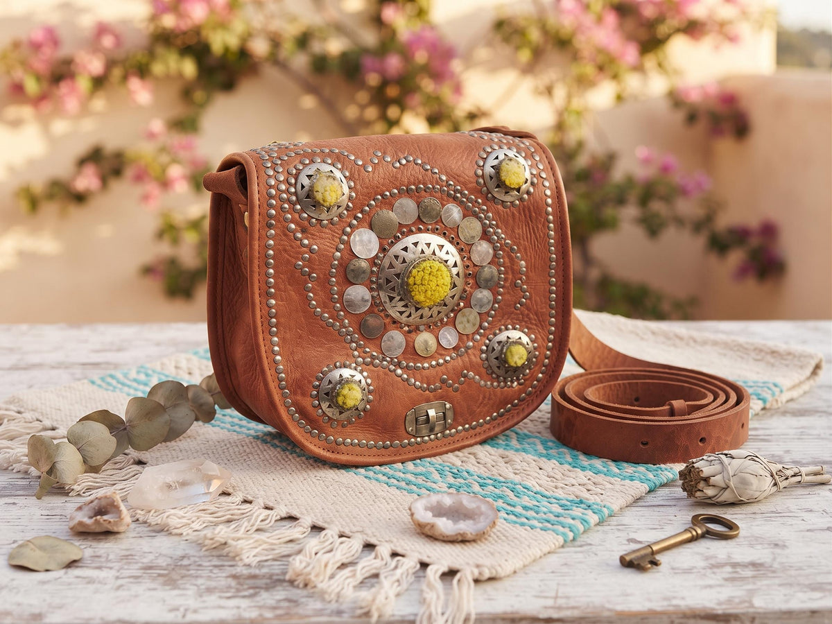 Moroccan Leather Crossbody Bag & Wristlet Set: Vintage Boho Purse