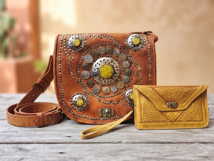Moroccan Leather Crossbody Bag & Wristlet Set: Vintage Boho Purse
