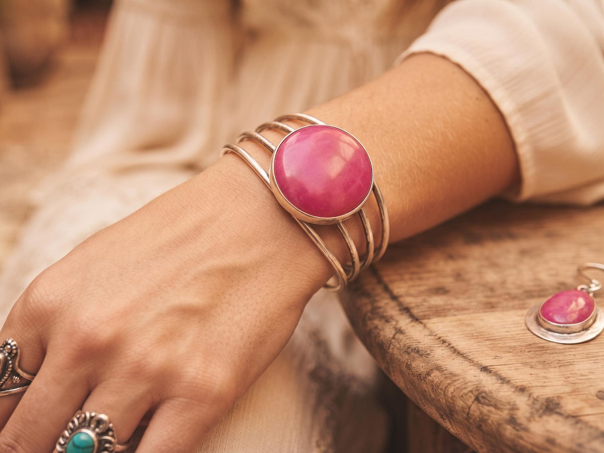 Hot Pink Agate Cuff Bracelet: Sterling Silver Plated Boho Jewelry