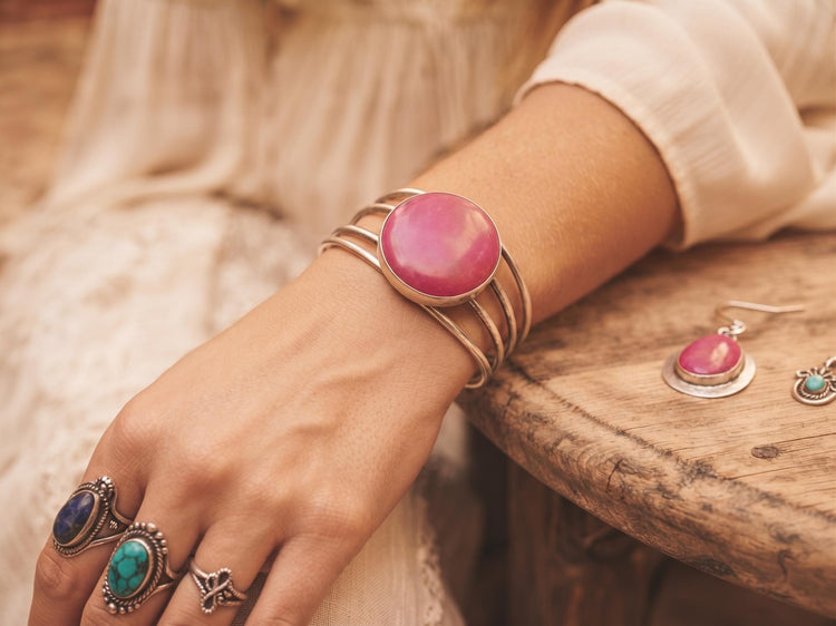 Hot Pink Agate Cuff Bracelet: Sterling Silver Plated Boho Jewelry