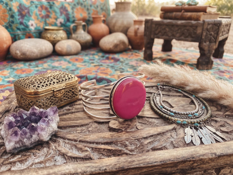 Hot Pink Agate Cuff Bracelet: Sterling Silver Plated Boho Jewelry