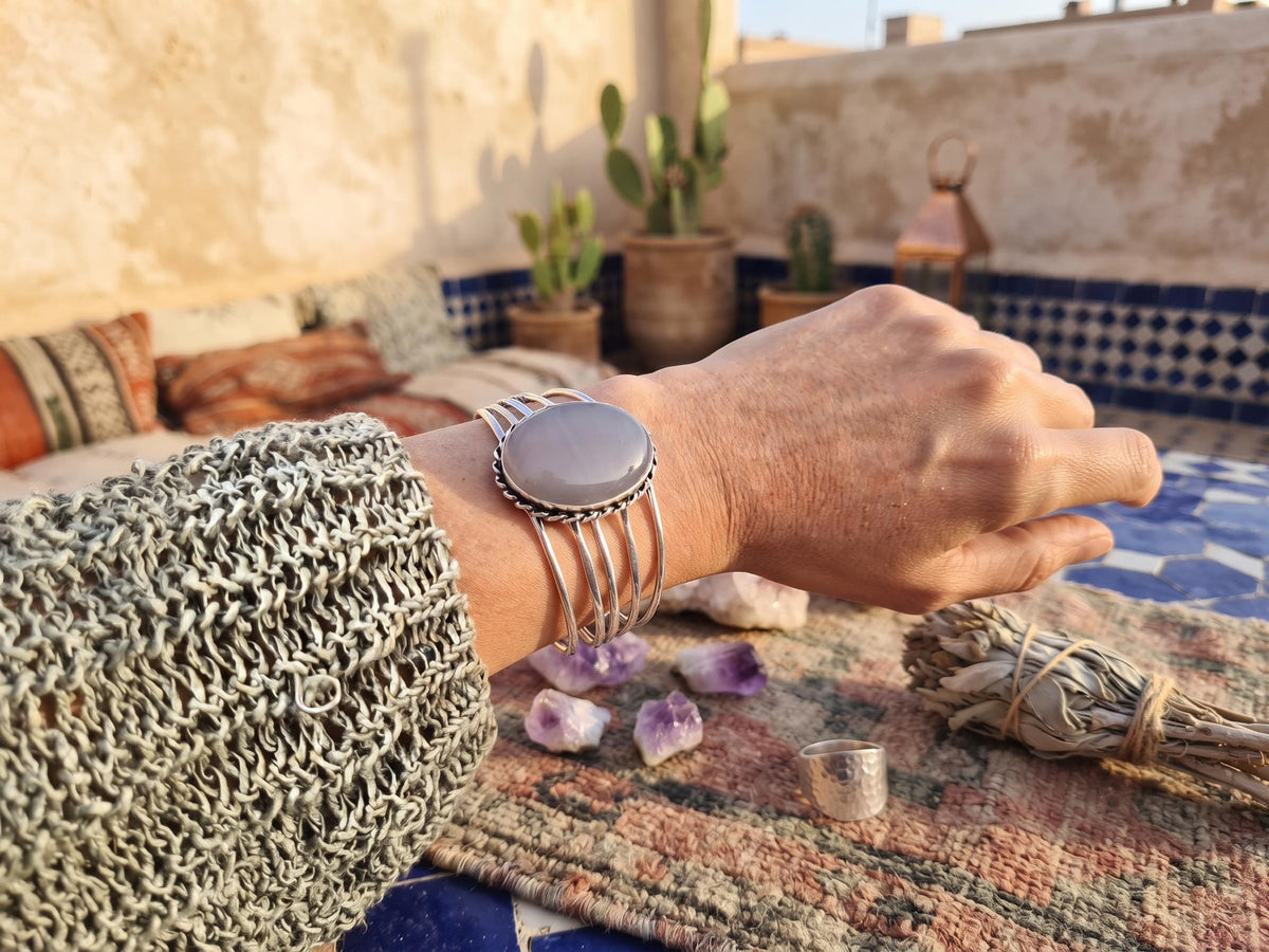 Blue Lace Agate Cuff Bracelet: Sterling Silver Plated Boho Bangle