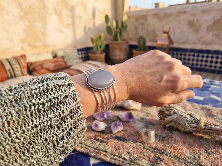 Blue Lace Agate Cuff Bracelet: Sterling Silver Plated Boho Bangle