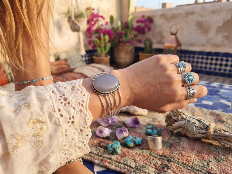Blue Lace Agate Cuff Bracelet: Sterling Silver Plated Boho Bangle