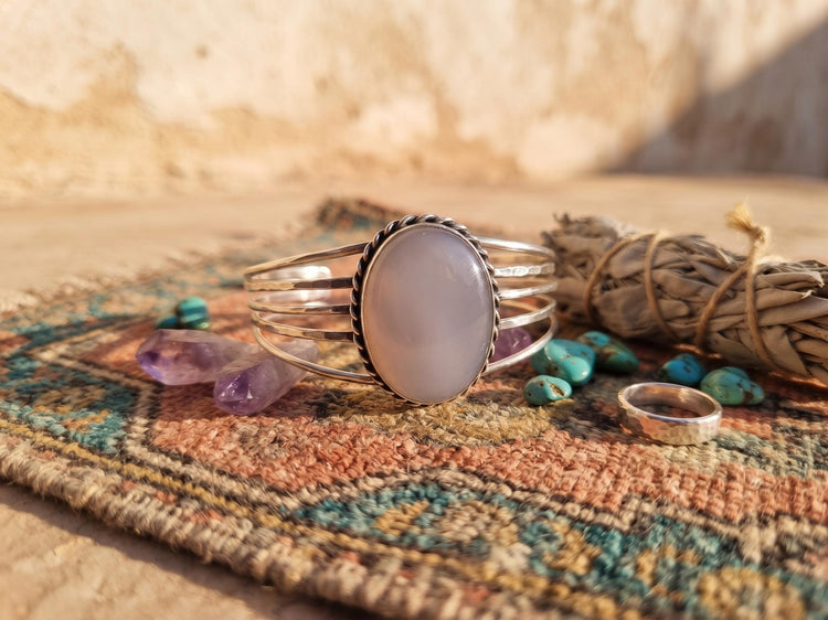 Blue Lace Agate Cuff Bracelet: Sterling Silver Plated Boho Bangle