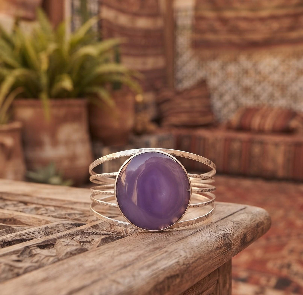 Blue Lace Agate Cuff Bracelet – Silver Plated Purple Gemstone Statement Jewellery
