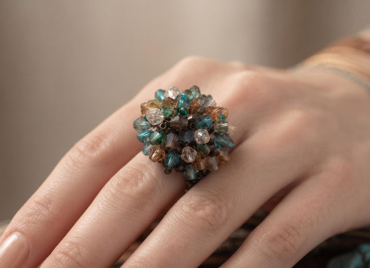 Multicoloured Beaded Statement Ring – Large Round Glass Bead Design – Adjustable Silver Band – Bohemian Artisan Jewellery