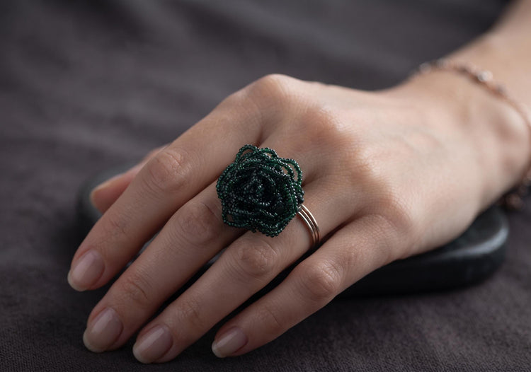 Dark Green Beaded Flower Ring – Emerald Handmade Statement Jewellery – Large Bohemian Floral Accessory
