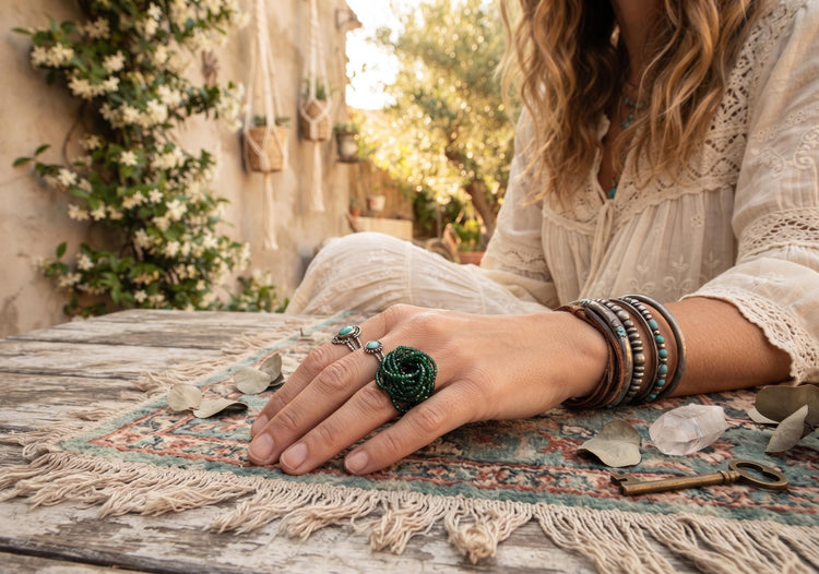 Dark Green Beaded Flower Ring – Emerald Handmade Statement Jewellery – Large Bohemian Floral Accessory