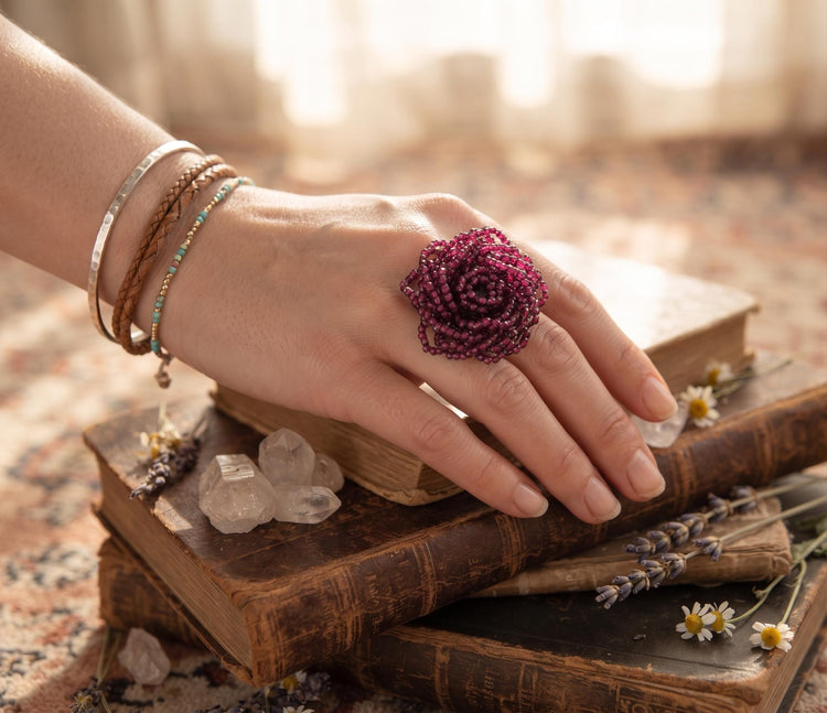 Large Pink Red Beaded Flower Ring, Boho Floral Statement Ring, Unique Handmade Bohemian Jewellery, Hippie Flower Power Design