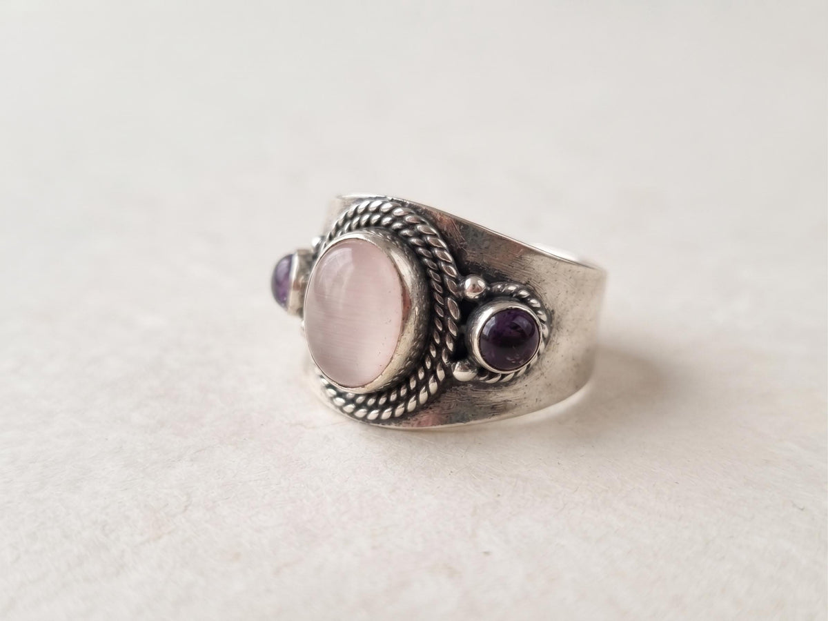 Vintage Silver Onyx Ring, Antique Afghan Jewellery, Boho Statement Crystal Stone Ring, Handmade Tibetan, Kuchi Turkmen Tribal Fashion