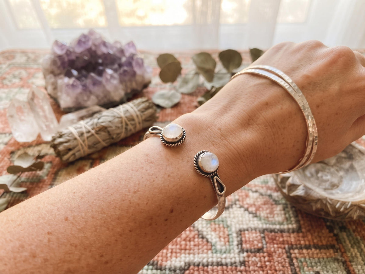 Boho Moonstone 925 Sterling Silver Cuff Bracelet, Slim Filigree Bangle, Vintage Bohemian Jewellery, Gift for Her