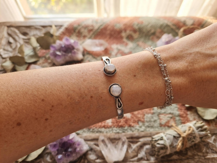 Boho Moonstone 925 Sterling Silver Cuff Bracelet, Slim Filigree Bangle, Vintage Bohemian Jewellery, Gift for Her