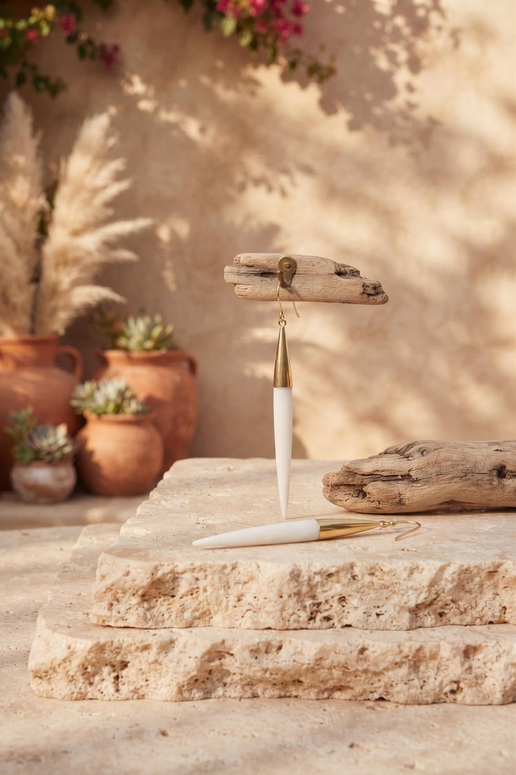 Ivory Bone Drop Earrings: African Brass Spikes, Boho Tribal Jewelry