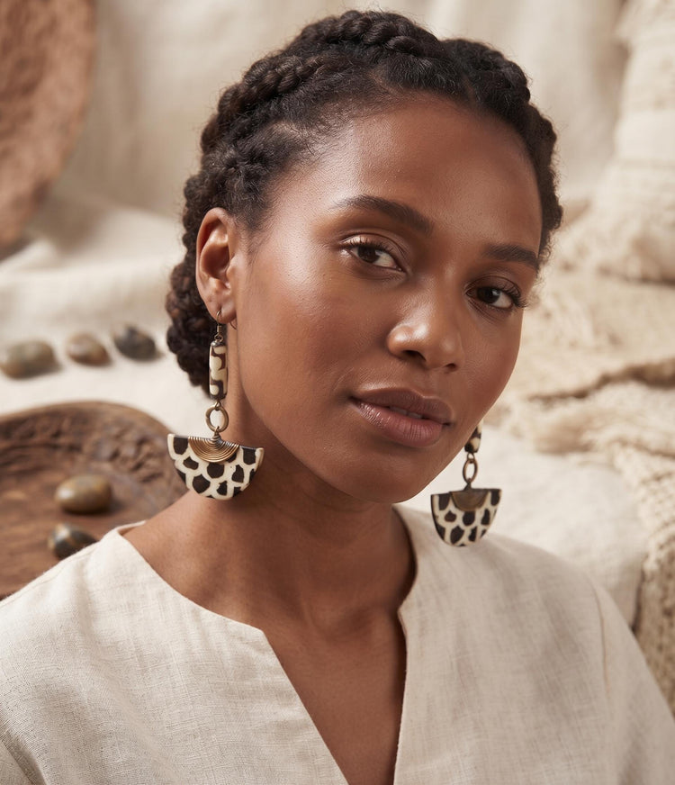 Batik Bone Boho Earrings: Geometric Brass & Animal Print, Tanzania