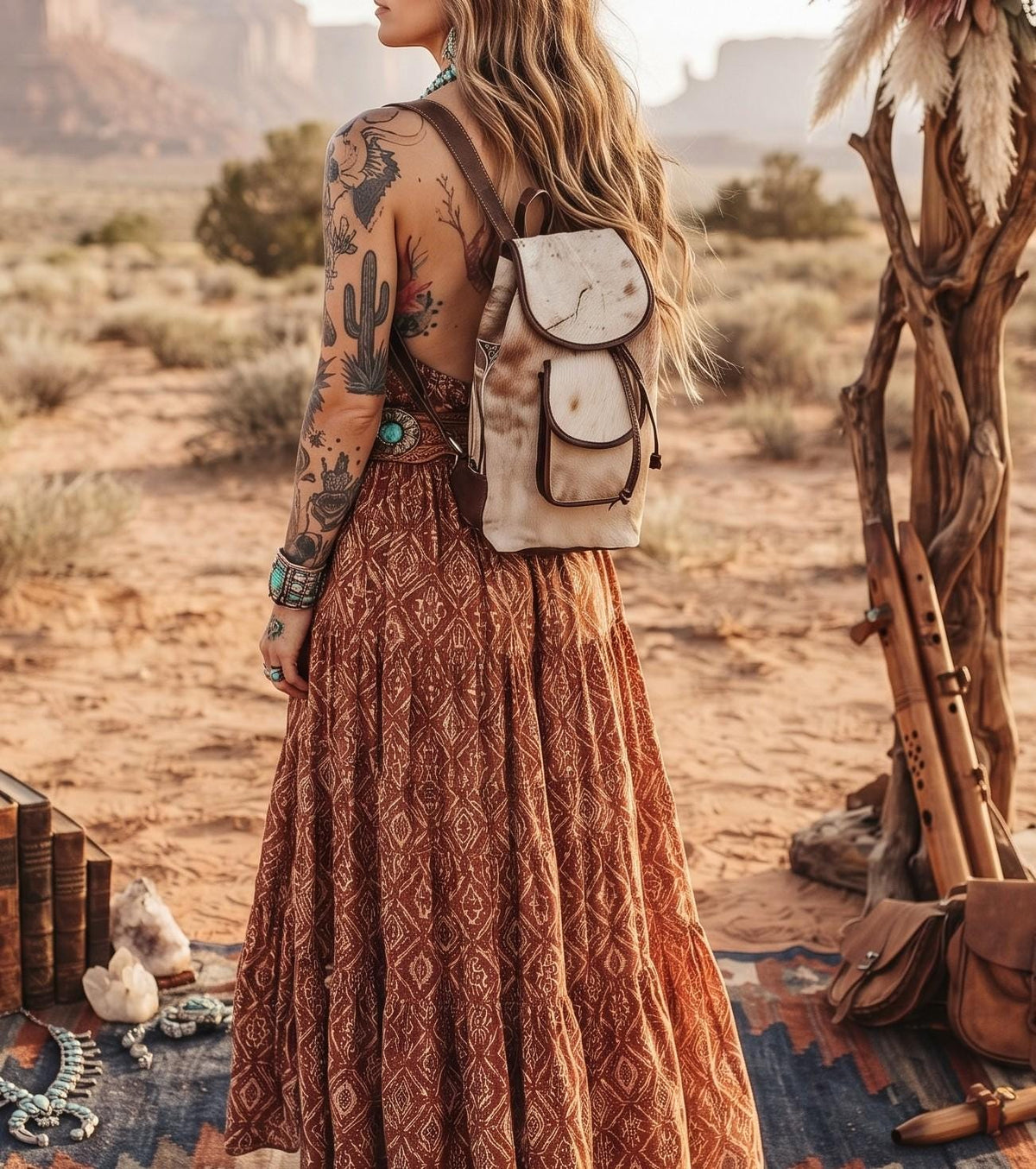 Cowhide Leather Backpack – Small Western Rucksack with Cow Print, Fringe & Conchos