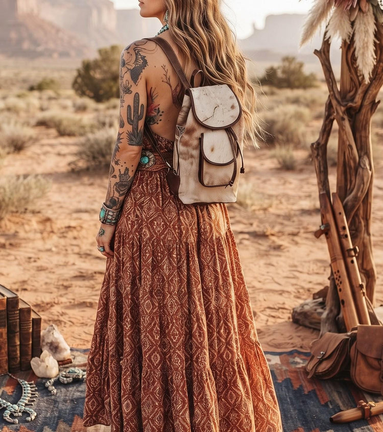 Cowhide Leather Backpack – Small Western Rucksack with Cow Print, Fringe & Conchos