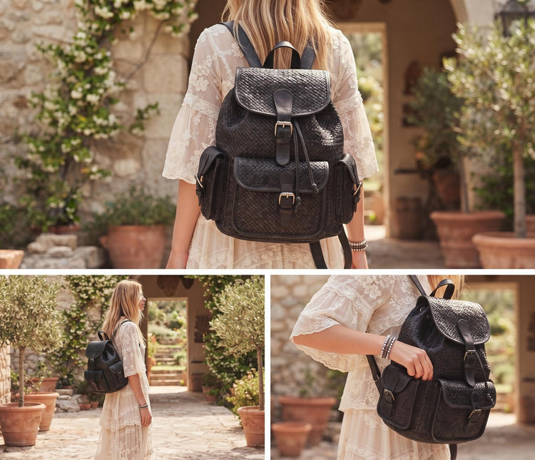 Large Braided Woven Leather Backpack Women, Boho Hippie Rucksack, Laptop Travel Bag, Handmade Moroccan Crafts