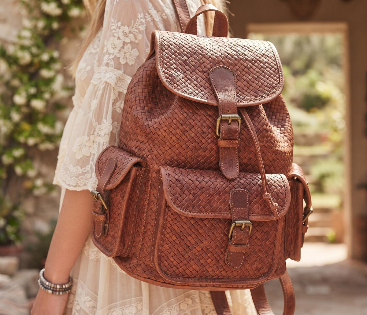 Large Braided Woven Leather Backpack Women, Boho Hippie Rucksack, Laptop Travel Bag, Handmade Moroccan Crafts