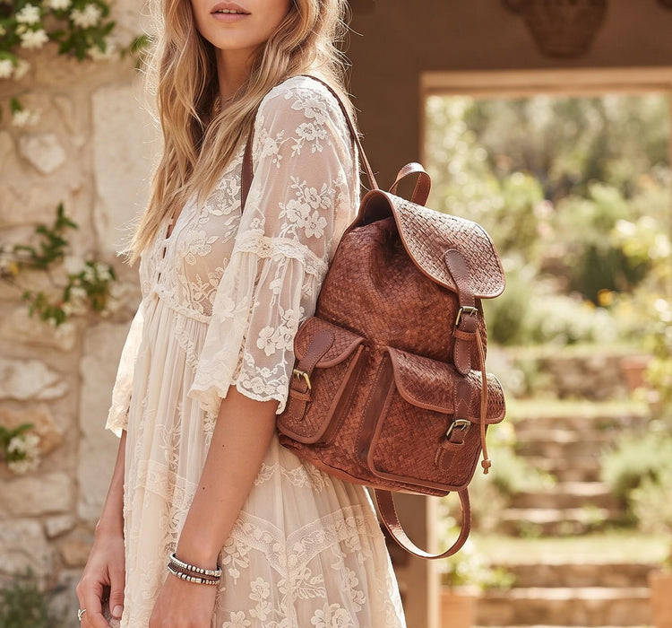 Large Braided Woven Leather Backpack Women, Boho Hippie Rucksack, Laptop Travel Bag, Handmade Moroccan Crafts
