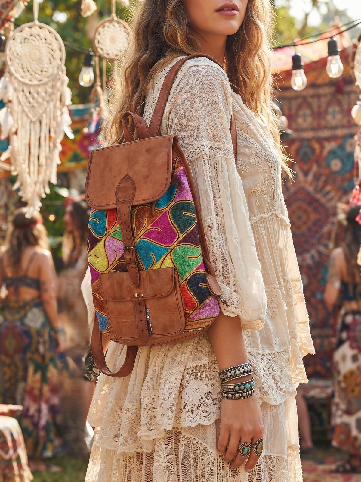 Hand Embroidered Leather Backpack: Bohemian Travel Bag