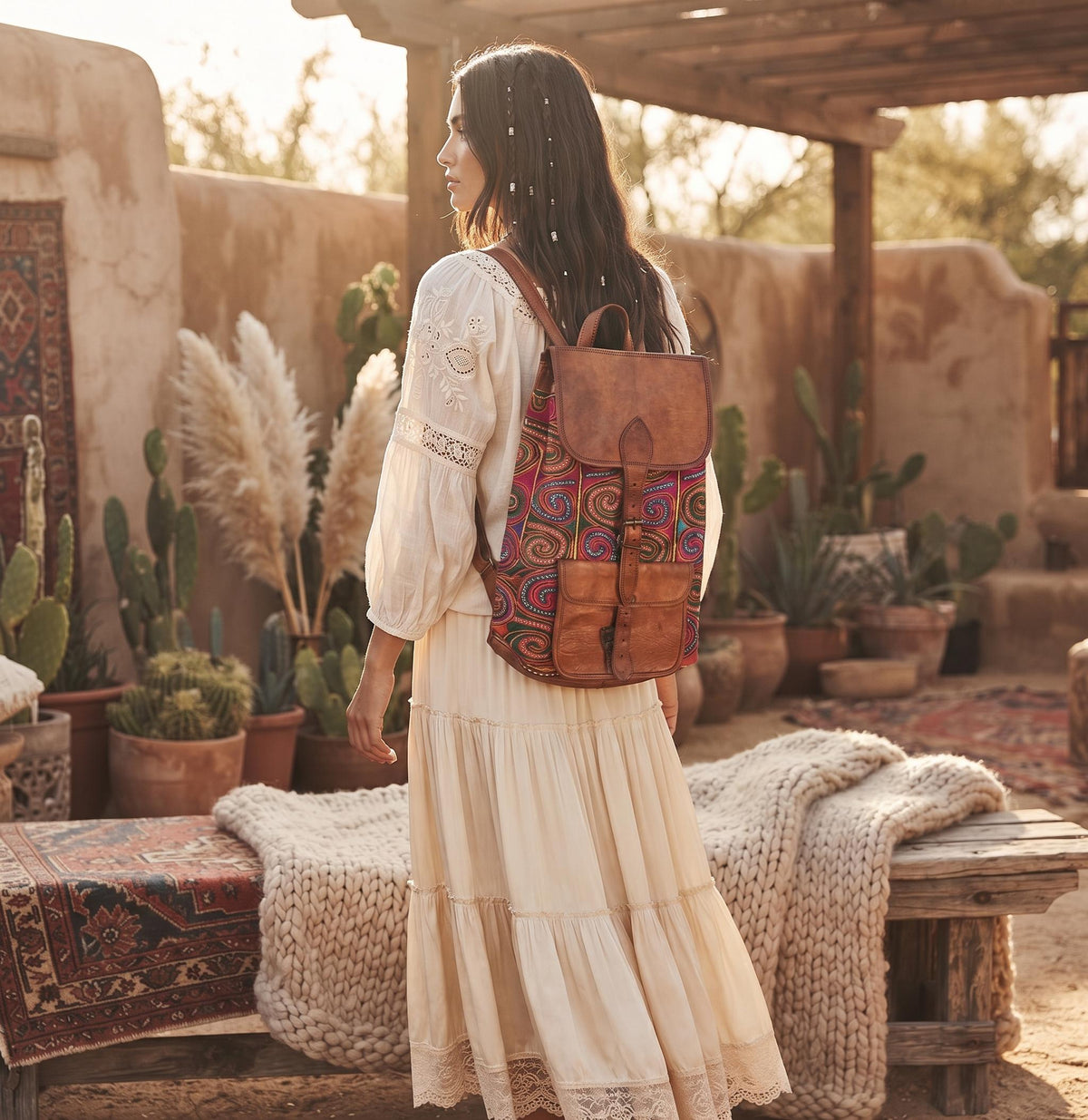 Hand Embroidered Leather Backpack: Bohemian Travel Bag