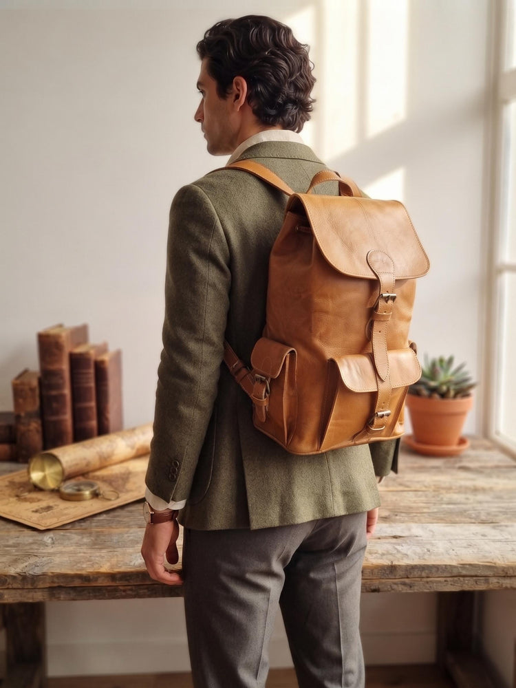 16 Inch Leather Backpack, Unisex Tan Brown Rucksack, Real Leather Laptop Bag, Boho Travel Backpack, Handmade Work & College Bag