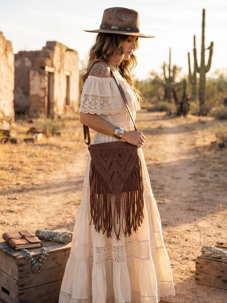 70s Braided Leather Fringe Crossbody Bag: Western Boho Purse
