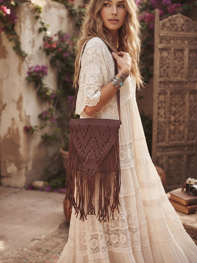 70s Braided Leather Fringe Crossbody Bag: Western Boho Purse