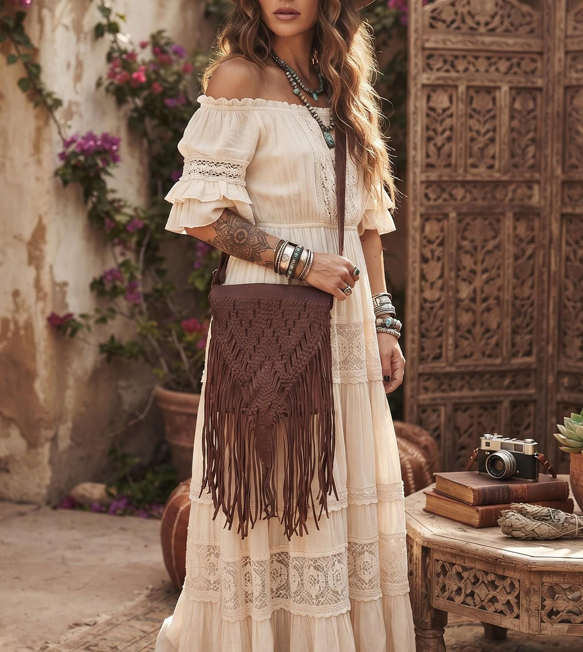 70s Braided Leather Fringe Crossbody Bag: Western Boho Purse