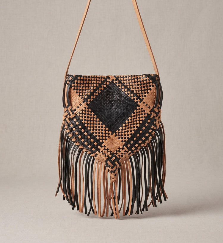 Woven Fringe Leather Crossbody Bag – Handmade Boho Hippie Western Purse