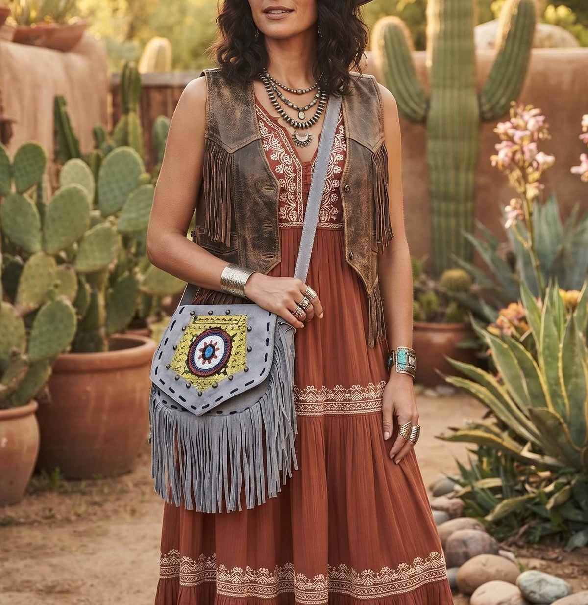 Grey Leather Fringe Bag with Mandala – Beaded Boho Crossbody Purse