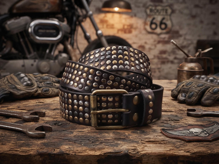 Studded Buffalo Leather Biker Belt – Unisex Motorcycle Punk Rocker & Steampunk Belt