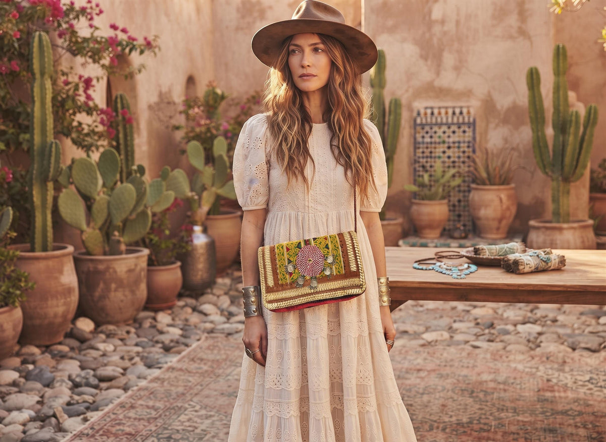 Small Leather Crossbody Bag: Boho Hippie Purse with Tapestry & Tribal Accents