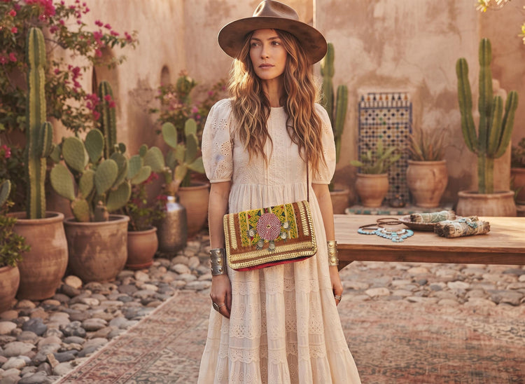 Small Leather Crossbody Bag: Boho Hippie Purse with Tapestry & Tribal Accents