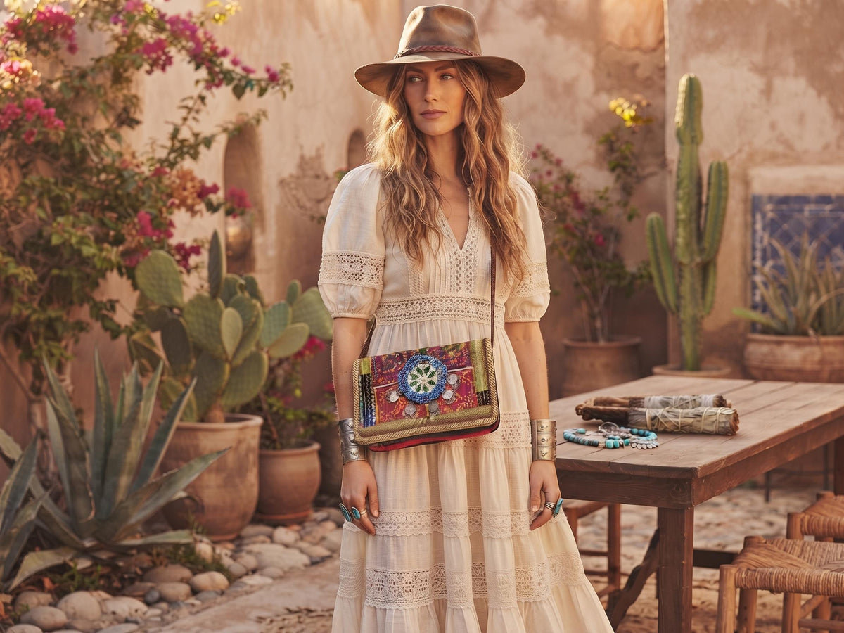 Small Leather Crossbody Bag: Boho Hippie Purse with Tapestry & Tribal Accents