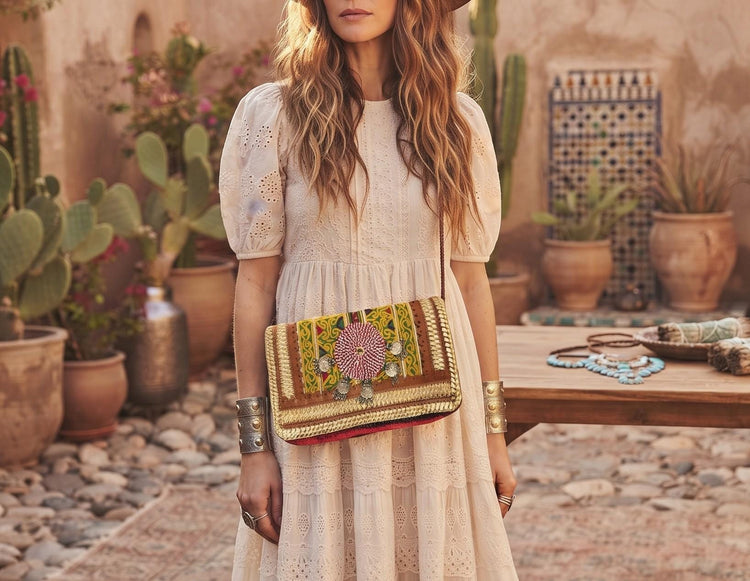 Small Leather Crossbody Bag: Boho Hippie Purse with Tapestry & Tribal Accents