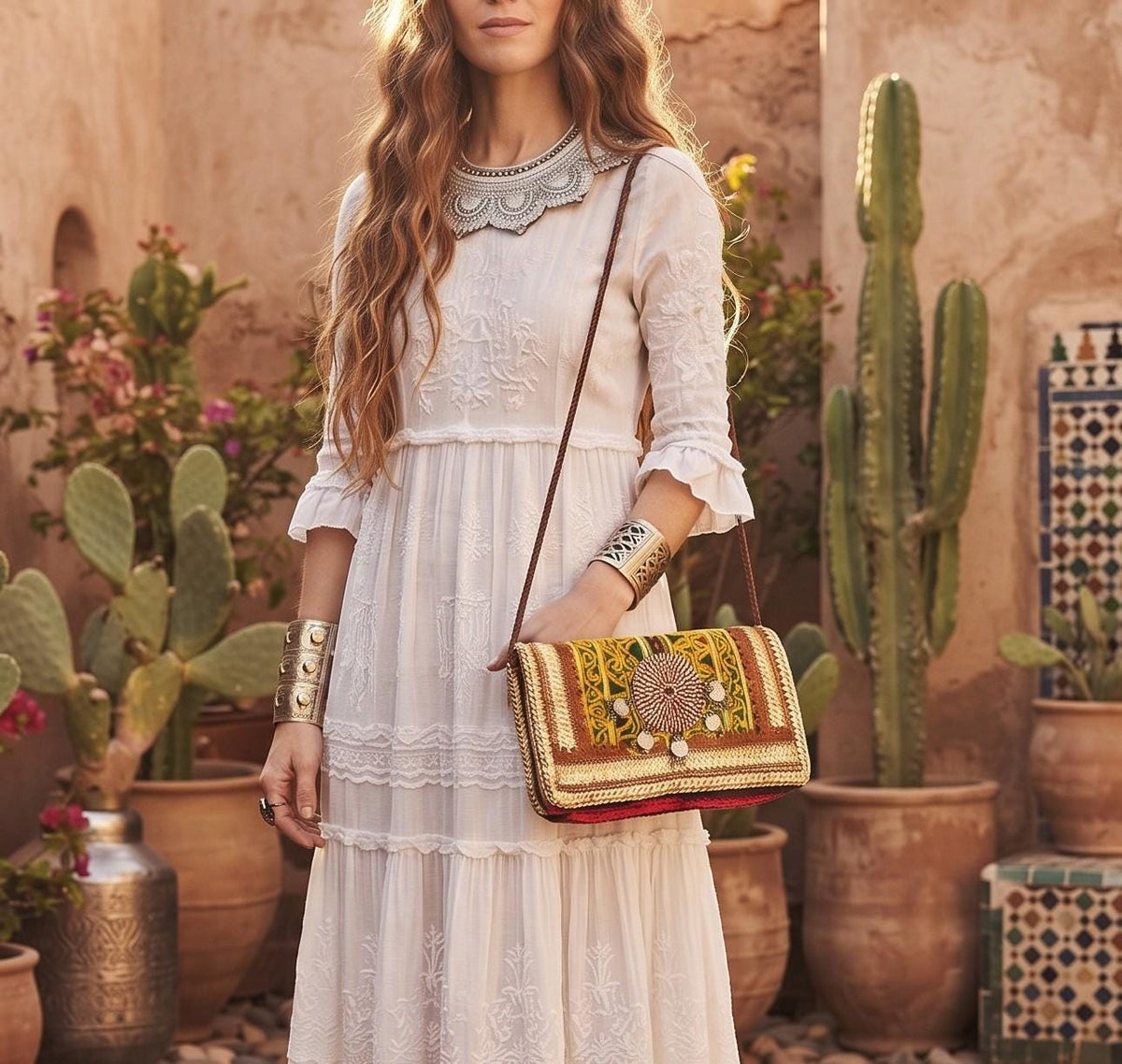 Small Leather Crossbody Bag: Boho Hippie Purse with Tapestry & Tribal Accents