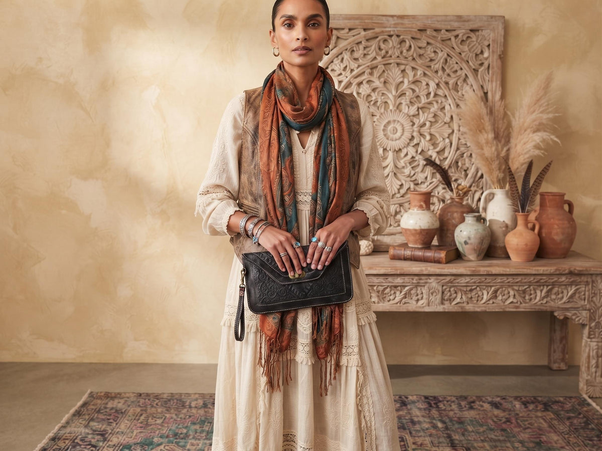 Tooled Floral Leather Wallet: Large Moroccan Clutch with Wristlet