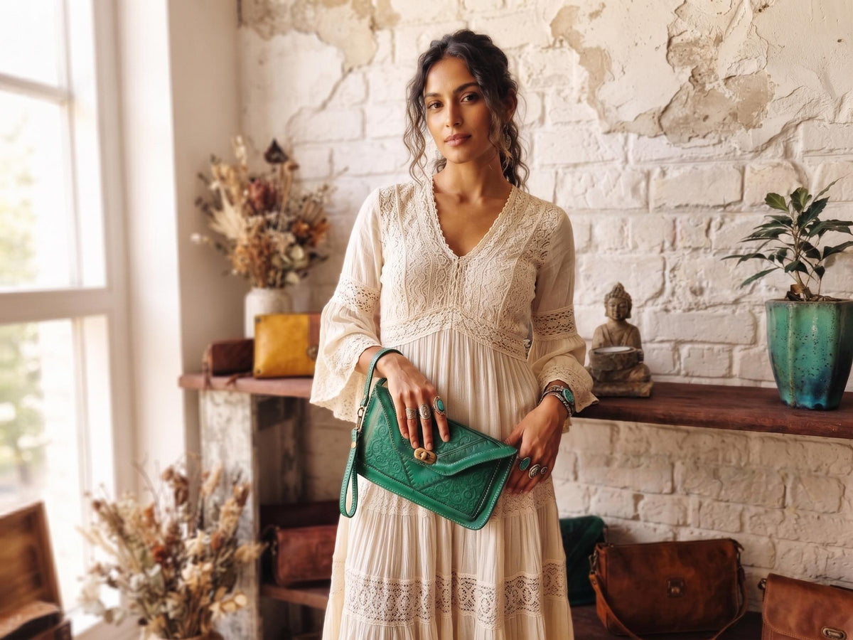 Tooled Floral Leather Wallet: Large Moroccan Clutch with Wristlet