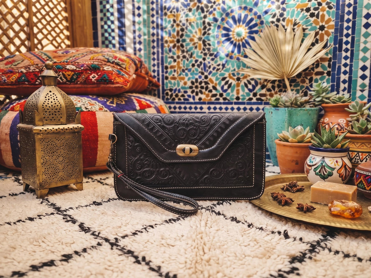 Tooled Floral Leather Wallet: Large Moroccan Clutch with Wristlet