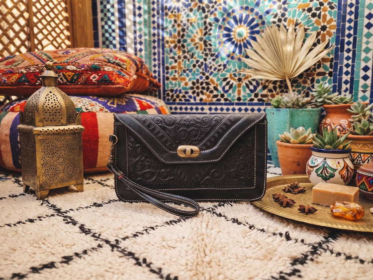 Tooled Floral Leather Wallet: Large Moroccan Clutch with Wristlet