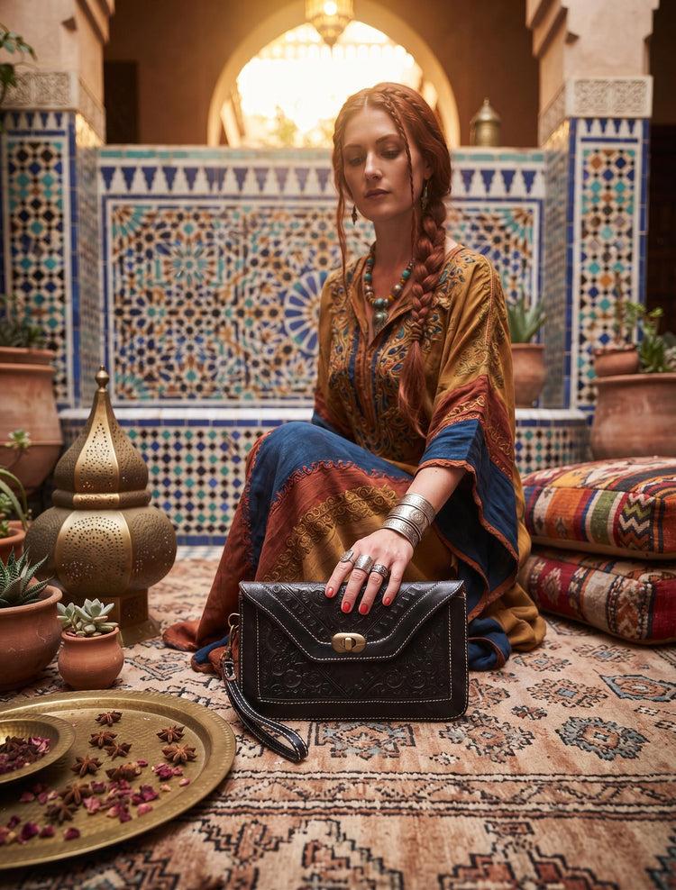 Tooled Floral Leather Wallet: Large Moroccan Clutch with Wristlet